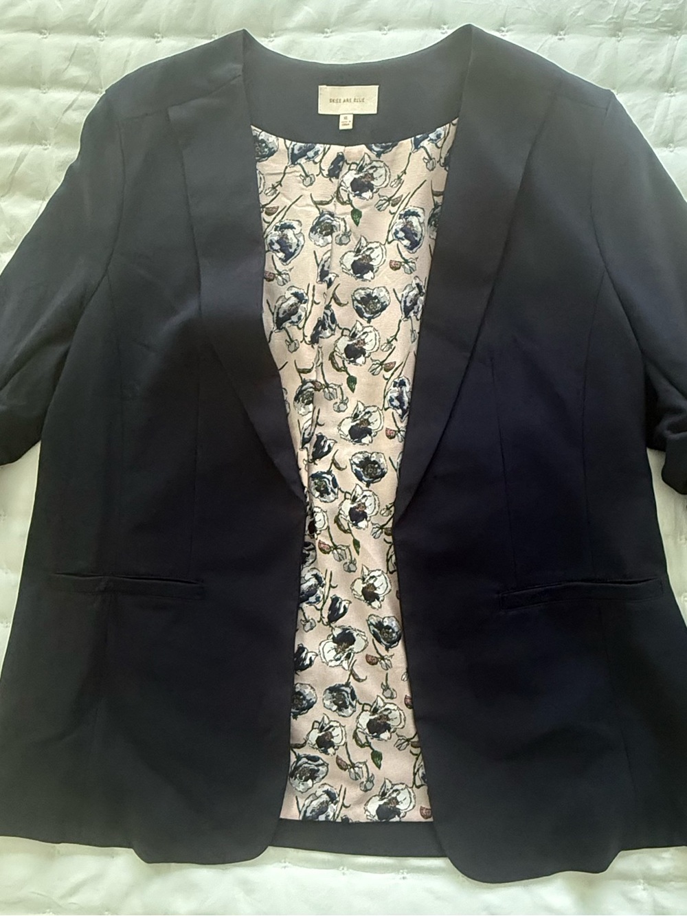 Skies Are Blue Raja Collarless Blazer Navy XL, Floral Lining & Ruched Sleeve